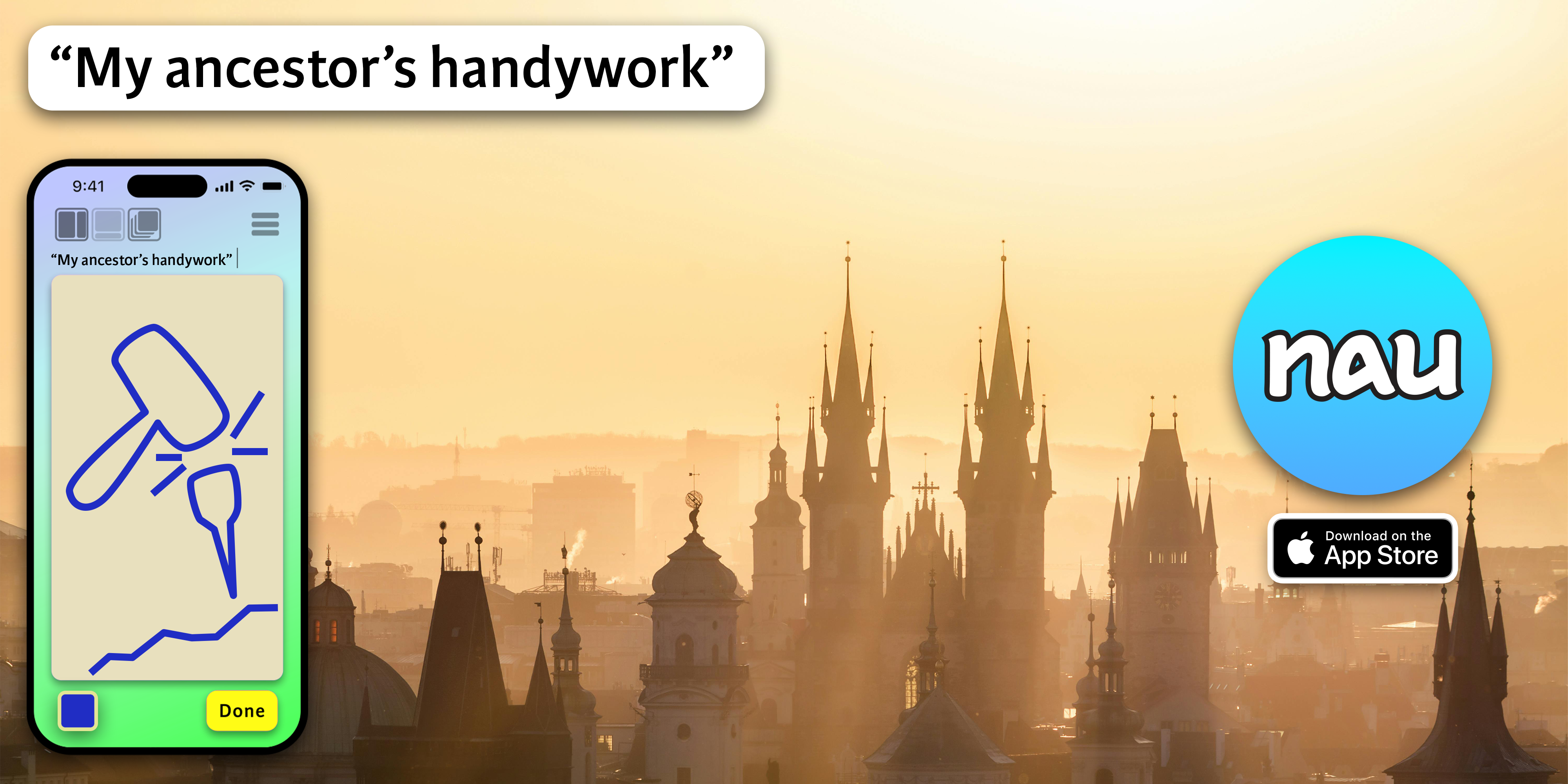 Design of billboard with photograph of Czechia city horizon at sunset with snapshot of nau app